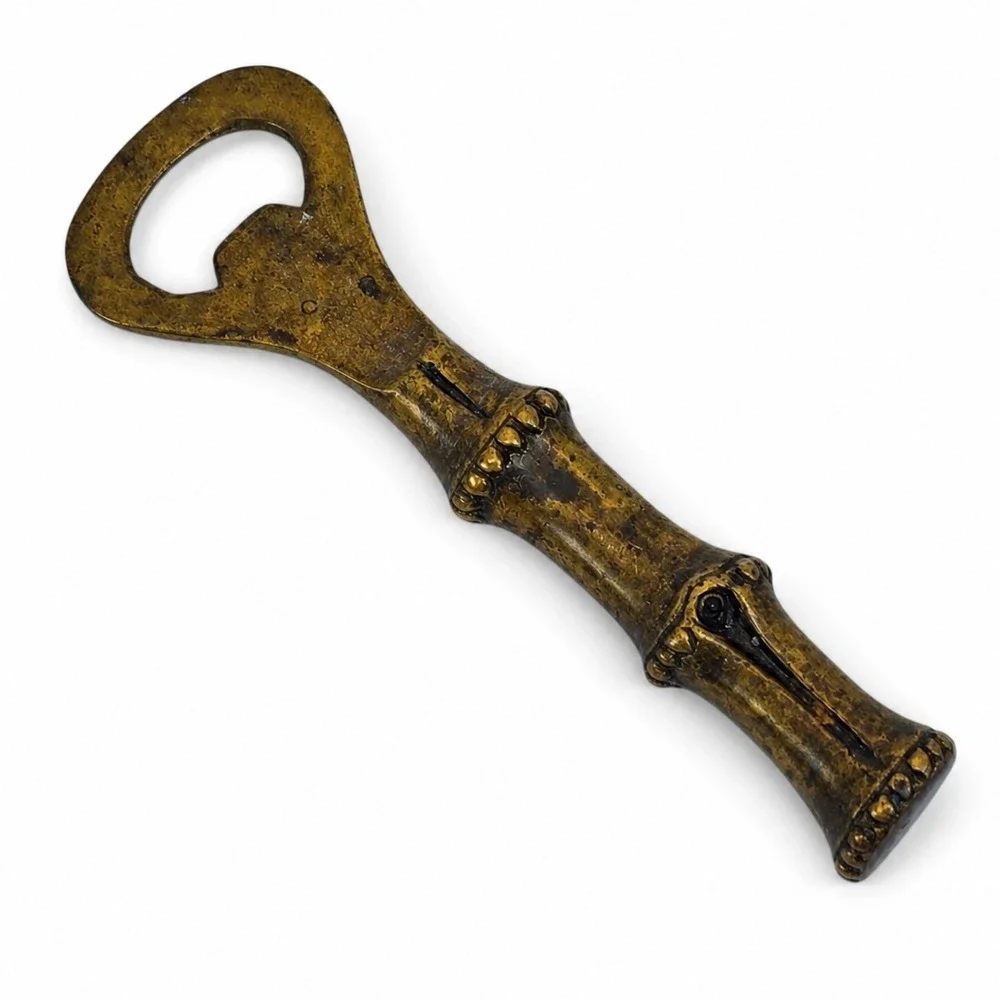 Vintage Brass Bamboo Handle Bottle Opener Heavy Barware 6